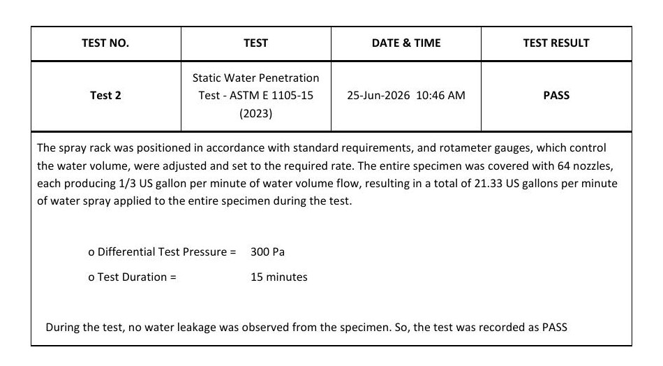 Chamber test result recorded as pass at 300 Pa
