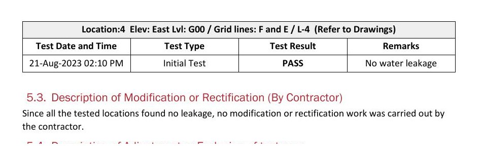 Hose test result recorded as pass, no water leakage